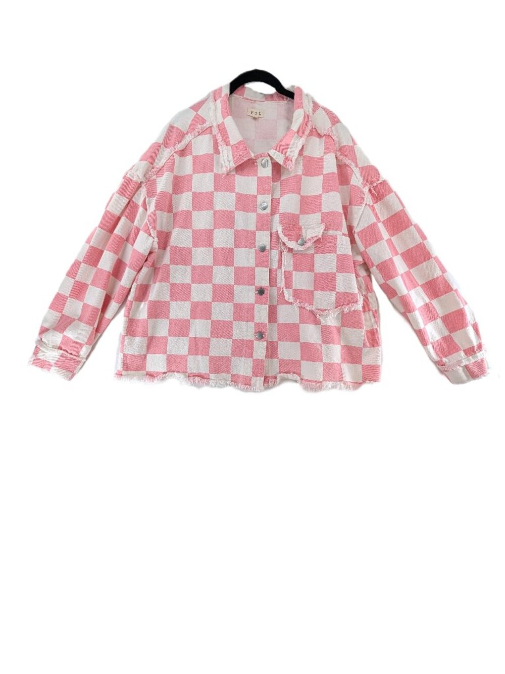 POL Denim Jacket Womens Size L Pink Check Distressed Raw Hem Whimsical Cropped